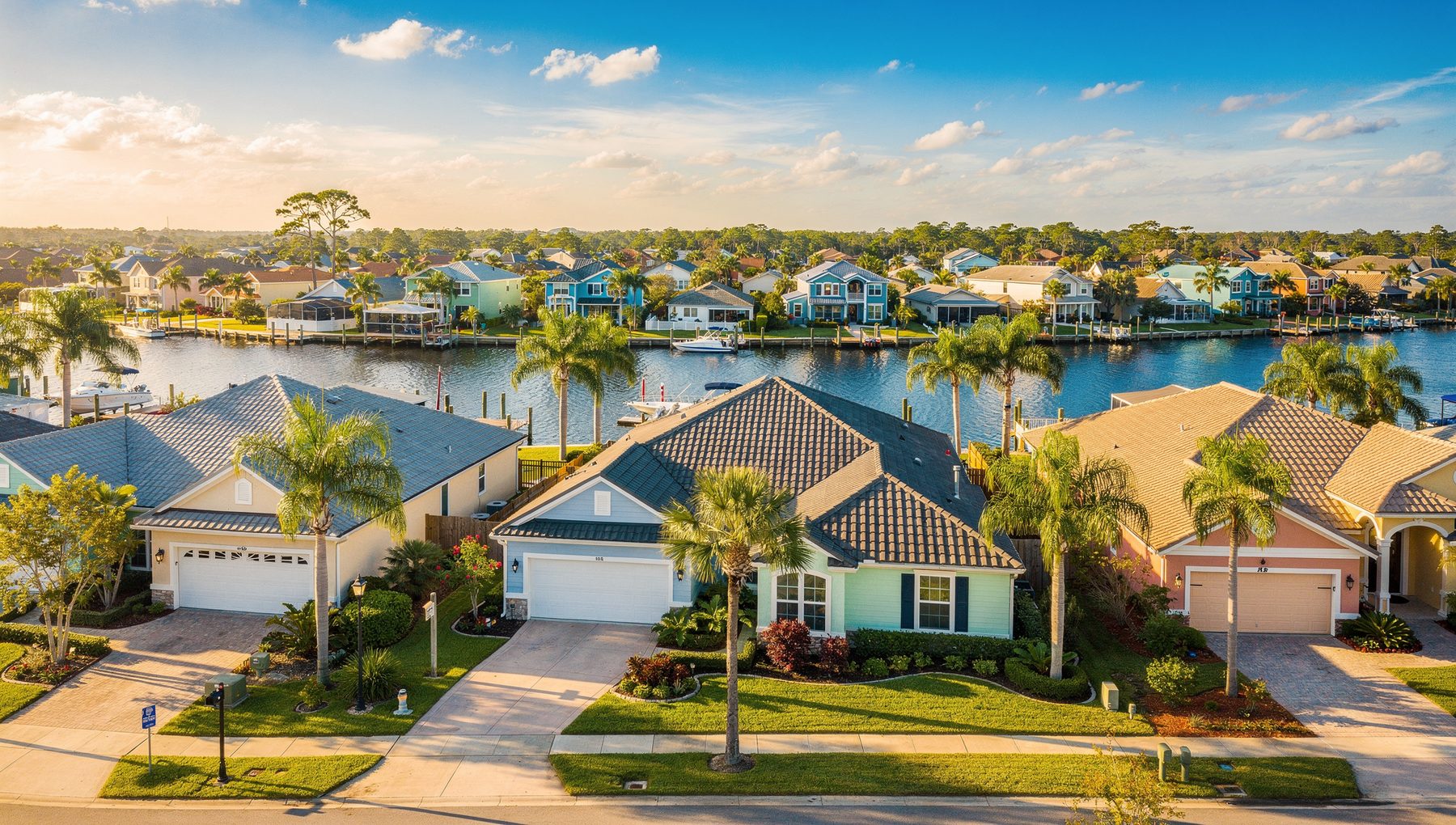 A sunny Northeast Florida coastal neighborhood with palm-lined streets and a bright waterway