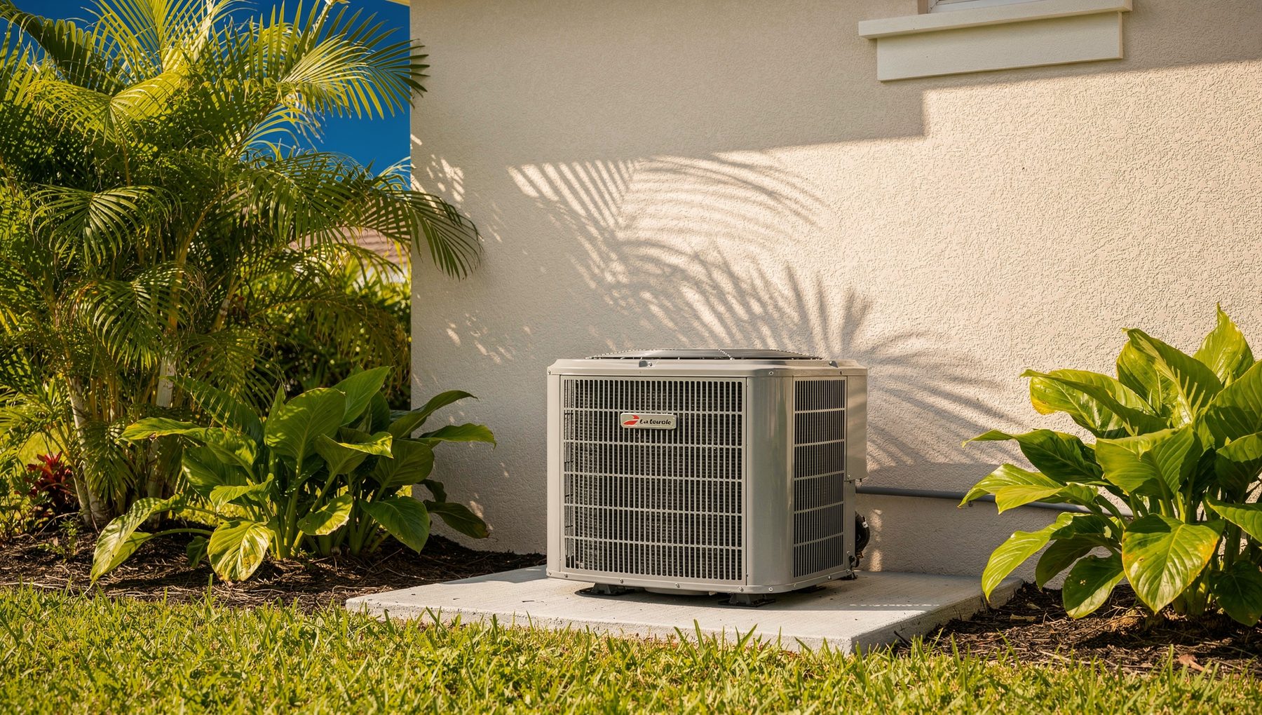 A clean, professionally installed AC condenser beside a Florida home, framed by tropical plants