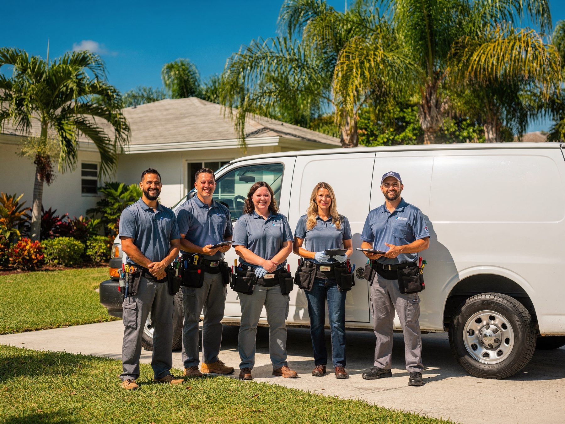 The friendly Palms Air crew standing beside their service van in a bright Florida driveway