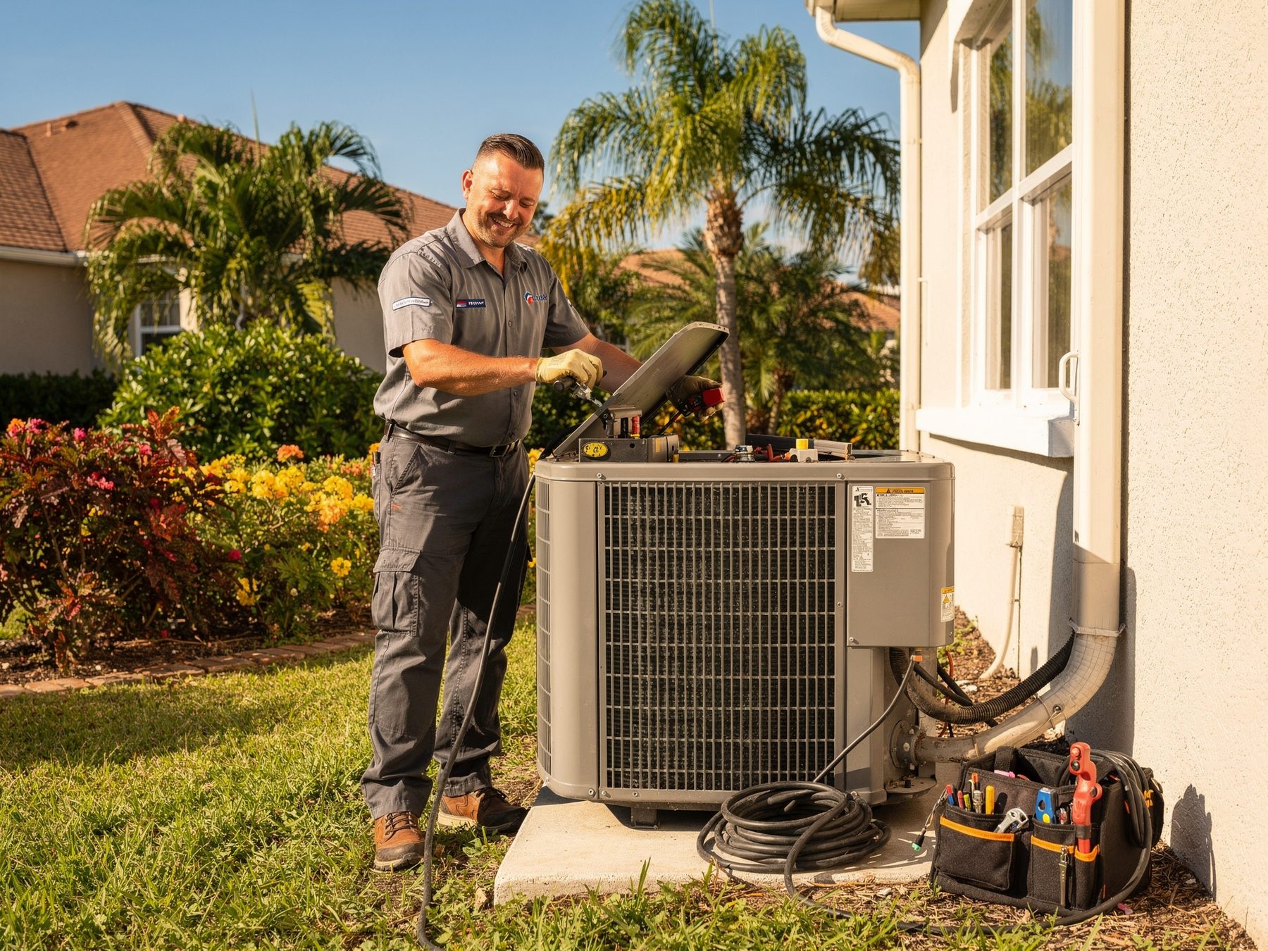 A friendly Palms Air technician servicing an outdoor AC condenser in bright Florida daylight